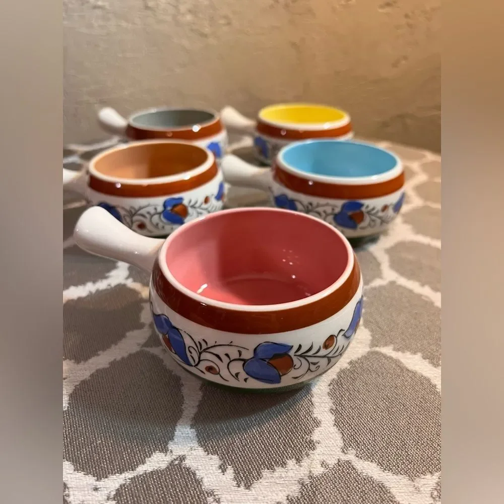 Vintage Japan Colorful Ceramic Soup Bowls 5 Set Ovenproof 3.5 diameter bakeware